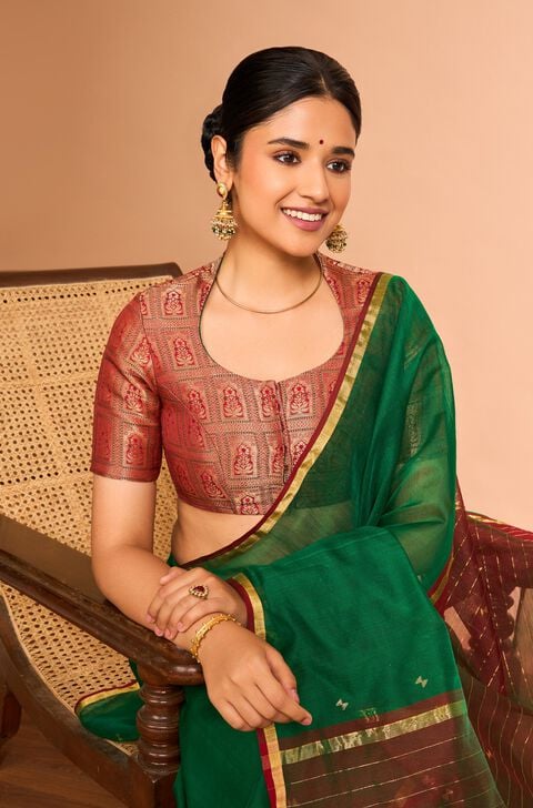 Coral Pink Traditional Blouse – Coral Pink & Green